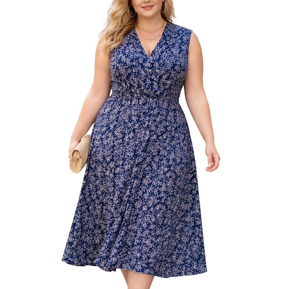 Jessica Howard Navy Blue White Leaf Print Sleeveless Faux Wrap Midi Dress 16W